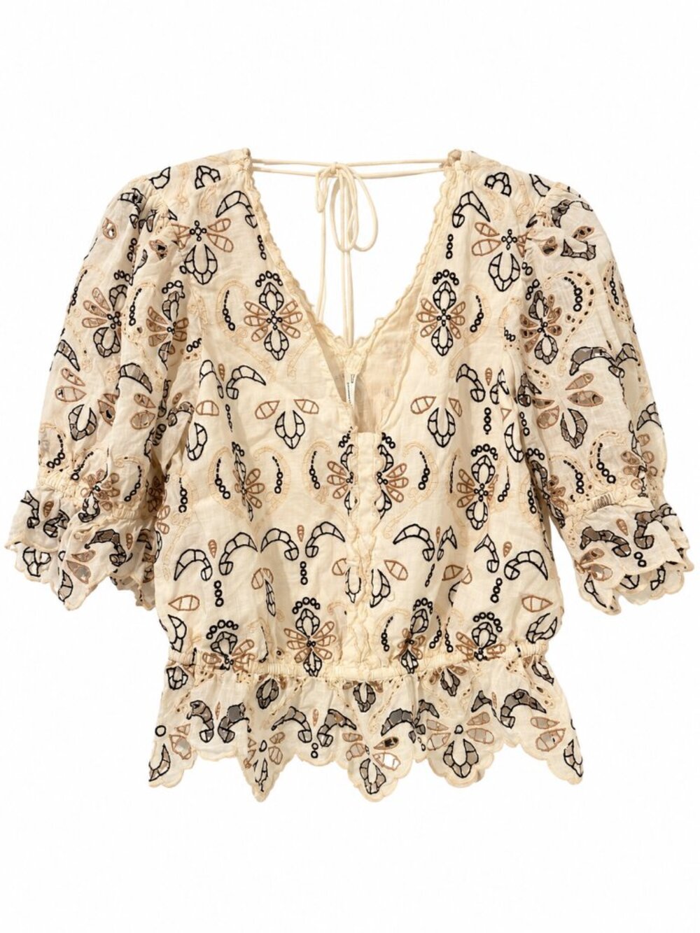 by Anthropologie Cream Embroidered Puff Sleeve Peplum Top M